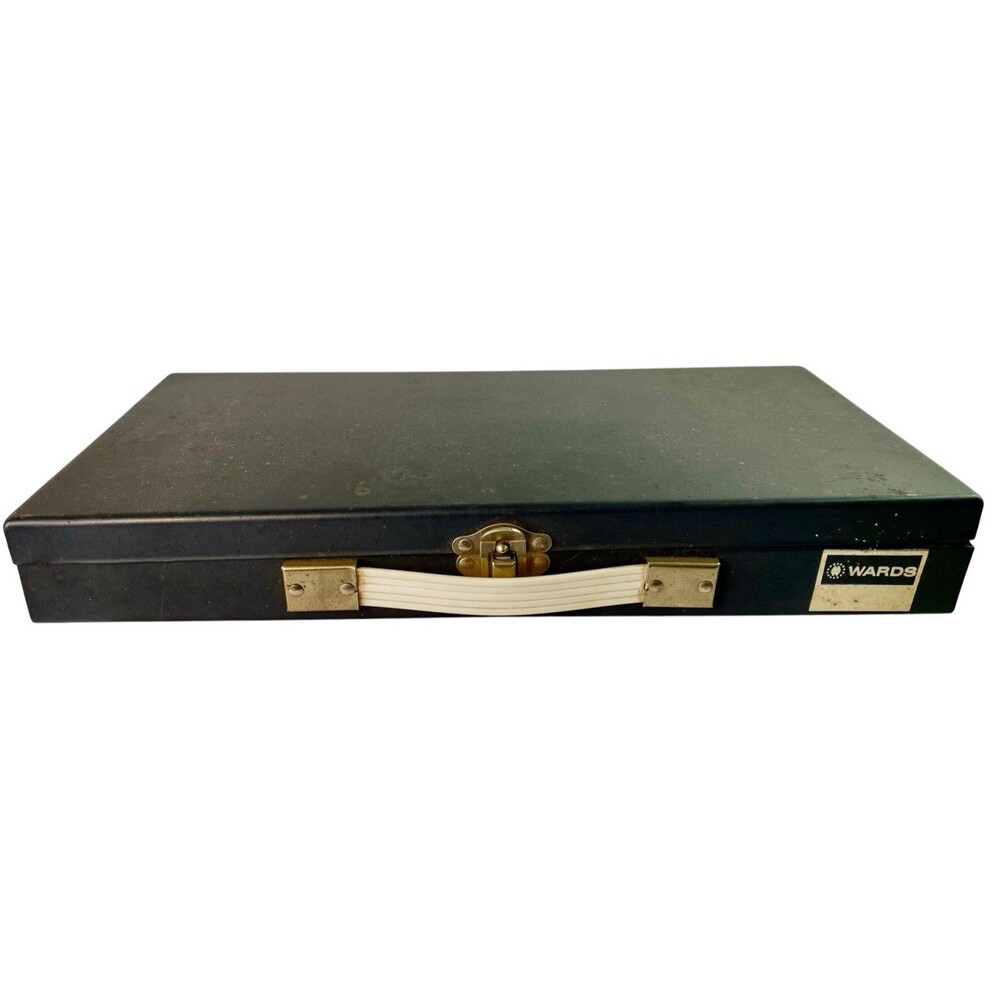 Vintage Wards Metal Storage Box Slide Photo Case Holds 150 with Handle and Latch